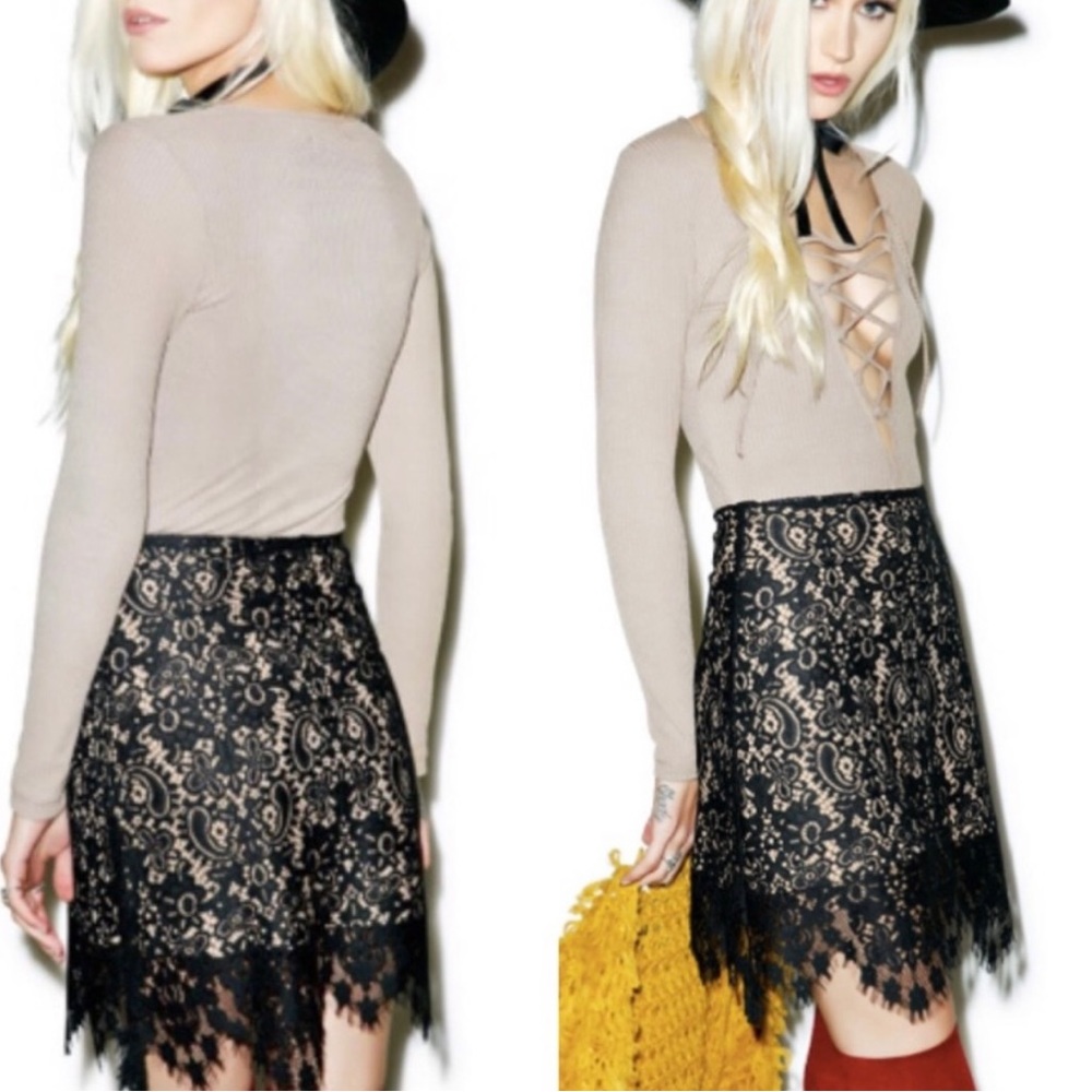 - For Love and Lemon mini skirt black lace over nude lining scalloped heml…